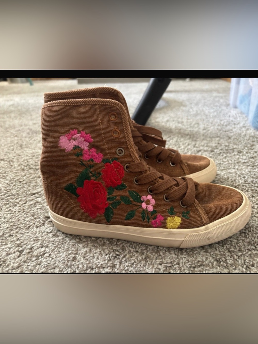Zara Girls Corduroy High-Top Sneakers with Floral Embroidery